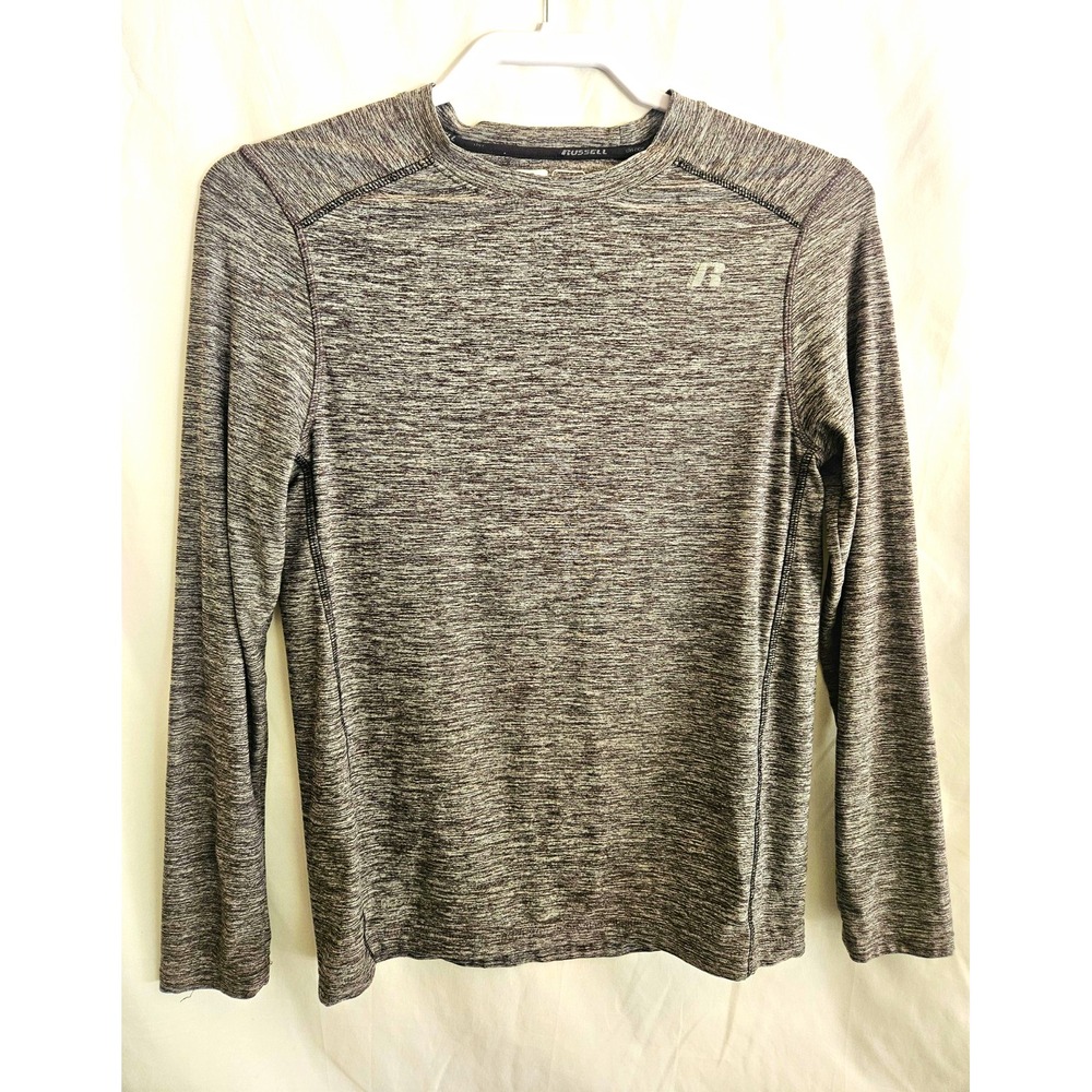 Russell Boys 10-12 Gray Heathered Long Sleeve Crew Neck Performance Shirt Logo
